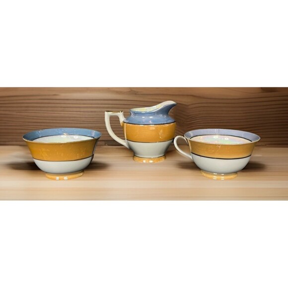 Vtg Japan Lusterware Blue Peach Raised Floral Teacups & Creamer Lot of 3 - Picture 3 of 8